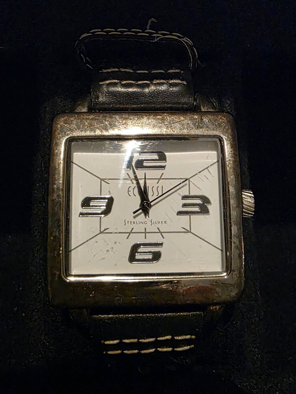 Ecclissi Sterling Silver Square Leather Strap Watch - Black